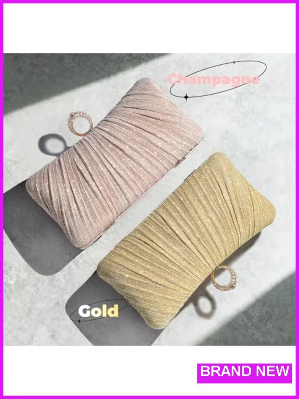Womens Golden Glitter Clutch Purse Pleated Evening Bag with Rhinestone Ring